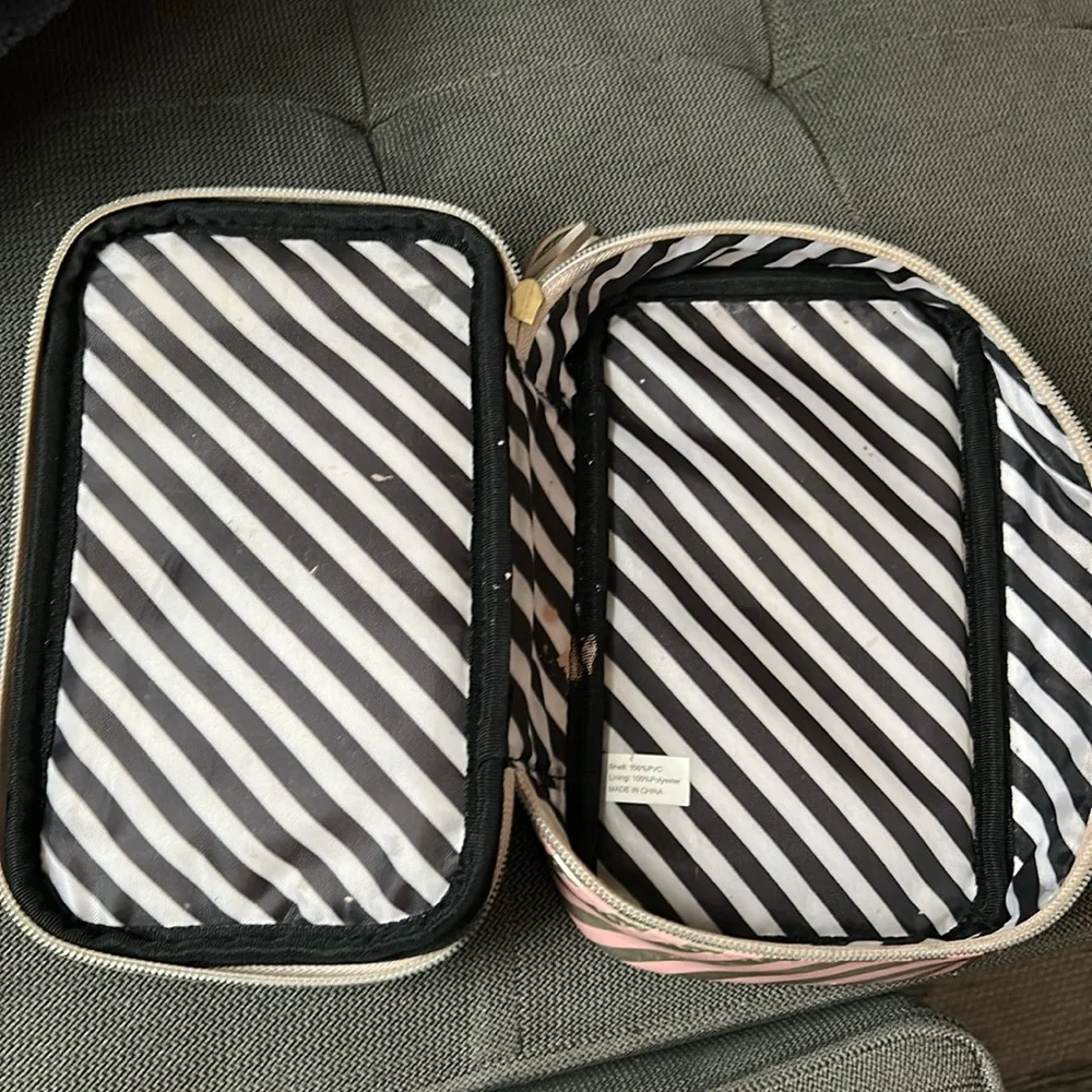 Too Faced Gold and Pink Makeup Bag “I have way more makeup at home”